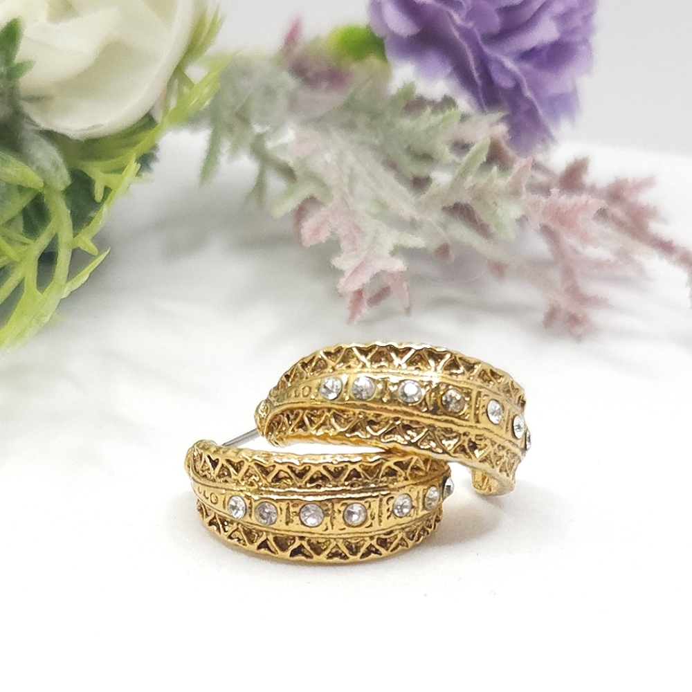 Vintage Gold Plate Ornate Crystal Half Hoop Earrings